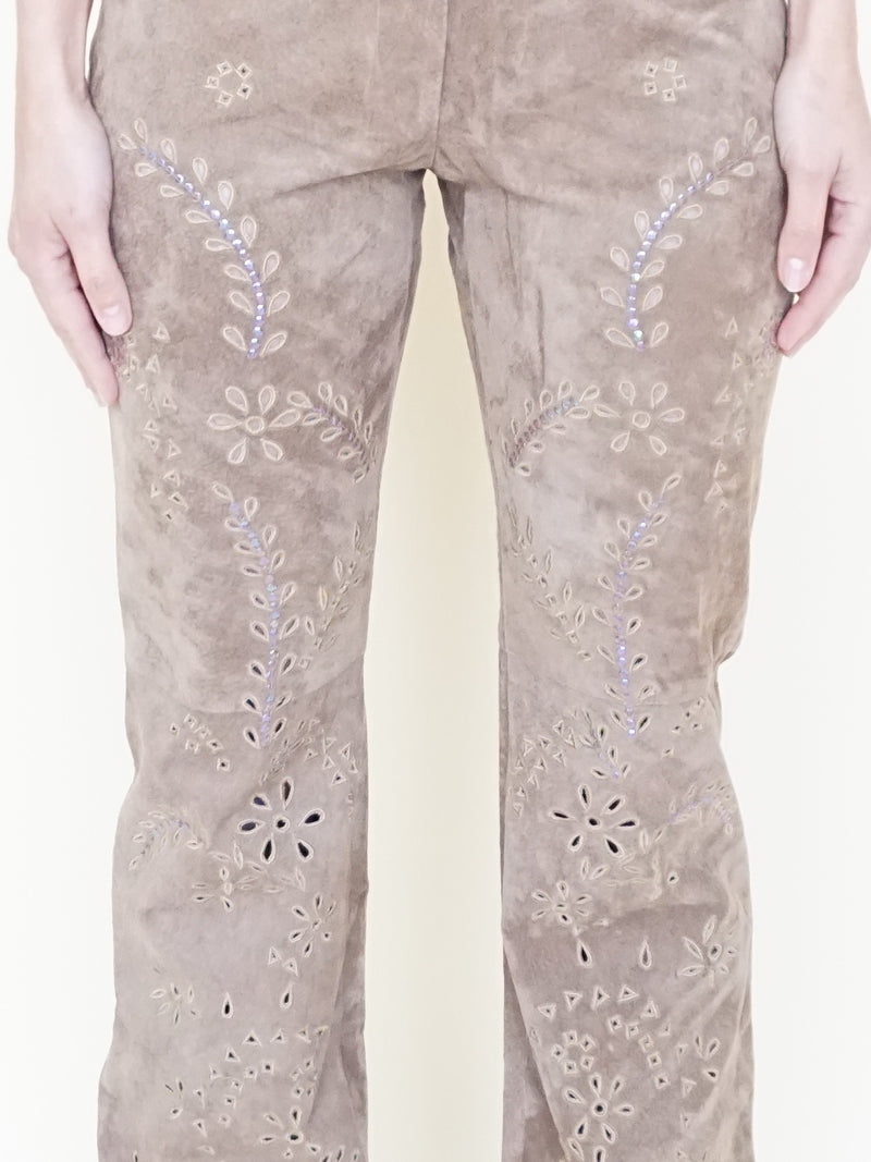Floral Cut Out Leather Jeans  Low Waisted Suede Studded Pants