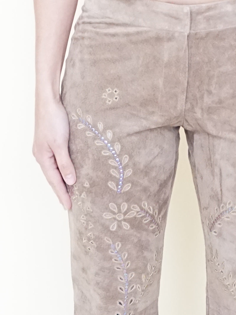 Floral Cut Out Leather Jeans  Low Waisted Suede Studded Pants