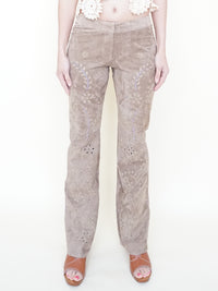 Floral Cut Out Leather Jeans  Low Waisted Suede Studded Pants