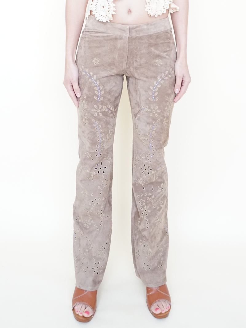 Floral Cut Out Leather Jeans  Low Waisted Suede Studded Pants