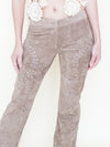Floral Cut Out Leather Jeans  Low Waisted Suede Studded Pants