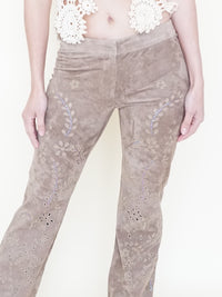 Floral Cut Out Leather Jeans  Low Waisted Suede Studded Pants