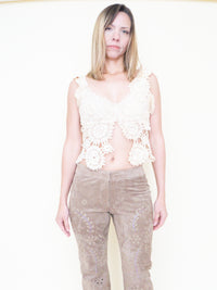 Floral Cut Out Leather Jeans  Low Waisted Suede Studded Pants