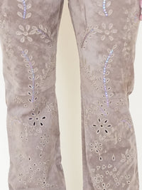 Floral Cut Out Leather Jeans  Low Waisted Suede Studded Pants