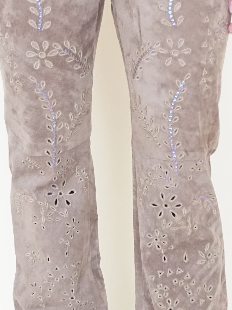 Floral Cut Out Leather Jeans  Low Waisted Suede Studded Pants