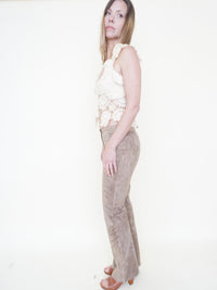 Floral Cut Out Leather Jeans  Low Waisted Suede Studded Pants