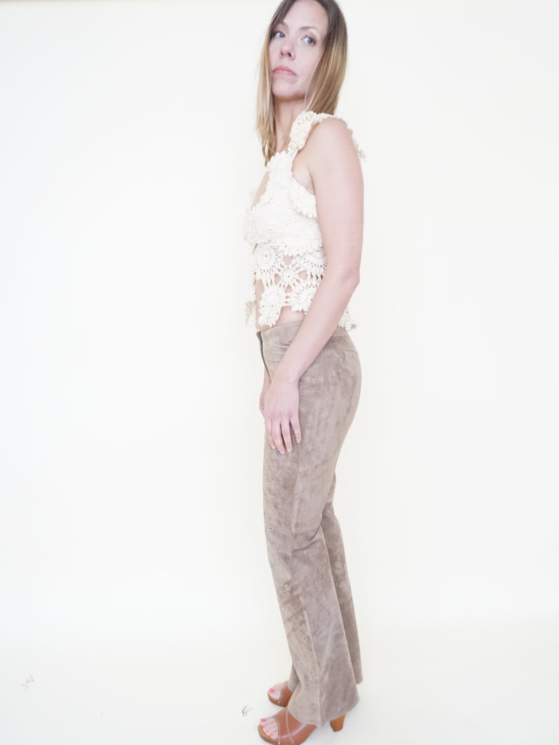 Floral Cut Out Leather Jeans  Low Waisted Suede Studded Pants
