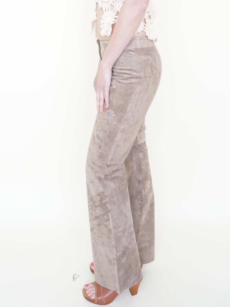 Floral Cut Out Leather Jeans  Low Waisted Suede Studded Pants