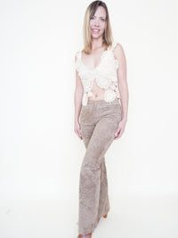 Floral Cut Out Leather Jeans  Low Waisted Suede Studded Pants