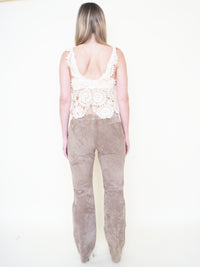 Floral Cut Out Leather Jeans  Low Waisted Suede Studded Pants