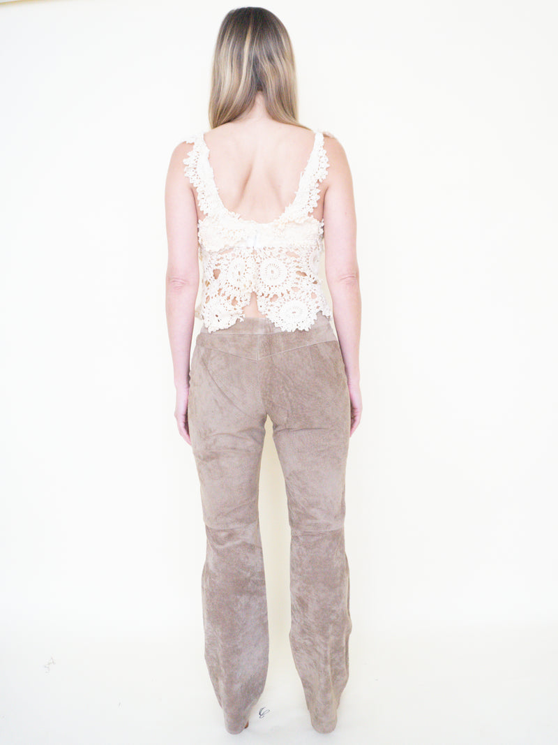 Floral Cut Out Leather Jeans  Low Waisted Suede Studded Pants
