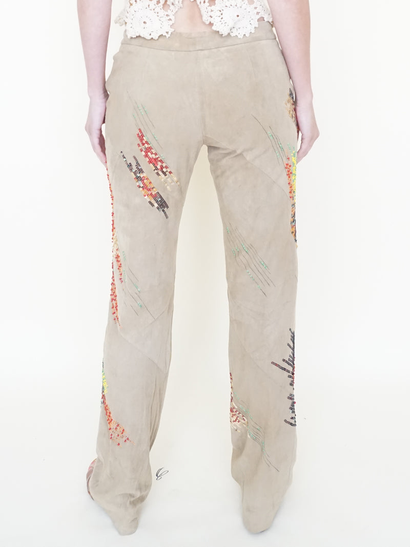 Beaded Leather Pants Vintage Low Rise Suede Jeans