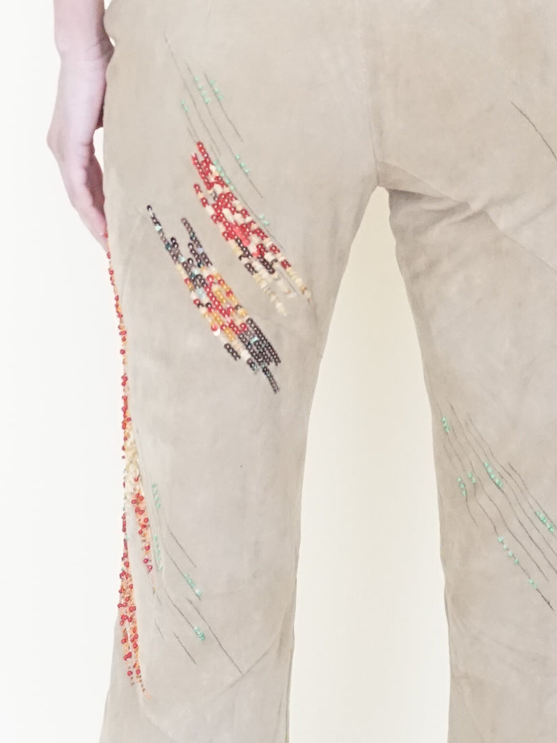Beaded Leather Pants Vintage Low Rise Suede Jeans