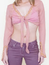 Pink Sequin Silk Chiffon Boho Blouse Tie Waist Flared Sleeve Upcycled