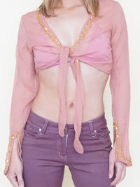 Pink Sequin Silk Chiffon Boho Blouse Tie Waist Flared Sleeve Upcycled