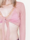 Pink Sequin Silk Chiffon Boho Blouse Tie Waist Flared Sleeve Upcycled