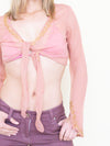 Pink Sequin Silk Chiffon Boho Blouse Tie Waist Flared Sleeve Upcycled