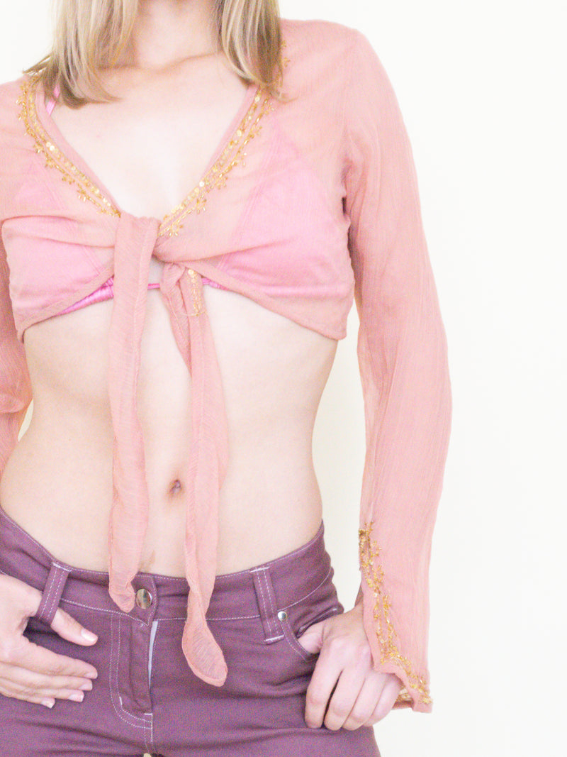 Pink Sequin Silk Chiffon Boho Blouse Tie Waist Flared Sleeve Upcycled