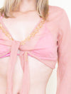 Pink Sequin Silk Chiffon Boho Blouse Tie Waist Flared Sleeve Upcycled