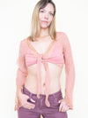 Pink Sequin Silk Chiffon Boho Blouse Tie Waist Flared Sleeve Upcycled