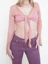 Pink Sequin Silk Chiffon Boho Blouse Tie Waist Flared Sleeve Upcycled