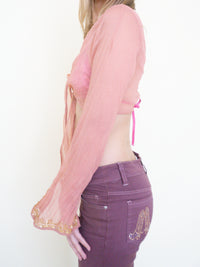 Pink Sequin Silk Chiffon Boho Blouse Tie Waist Flared Sleeve Upcycled