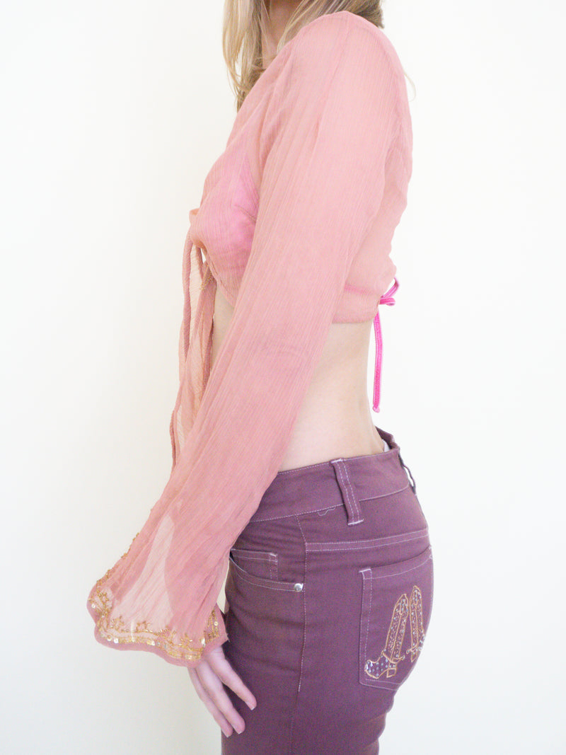 Pink Sequin Silk Chiffon Boho Blouse Tie Waist Flared Sleeve Upcycled