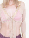 Sequin Silk Tie Waist Blouse Chiffon Taupe Gold Sequin Vintage