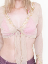 Sequin Silk Tie Waist Blouse Chiffon Taupe Gold Sequin Vintage