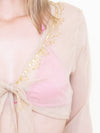 Sequin Silk Tie Waist Blouse Chiffon Taupe Gold Sequin Vintage