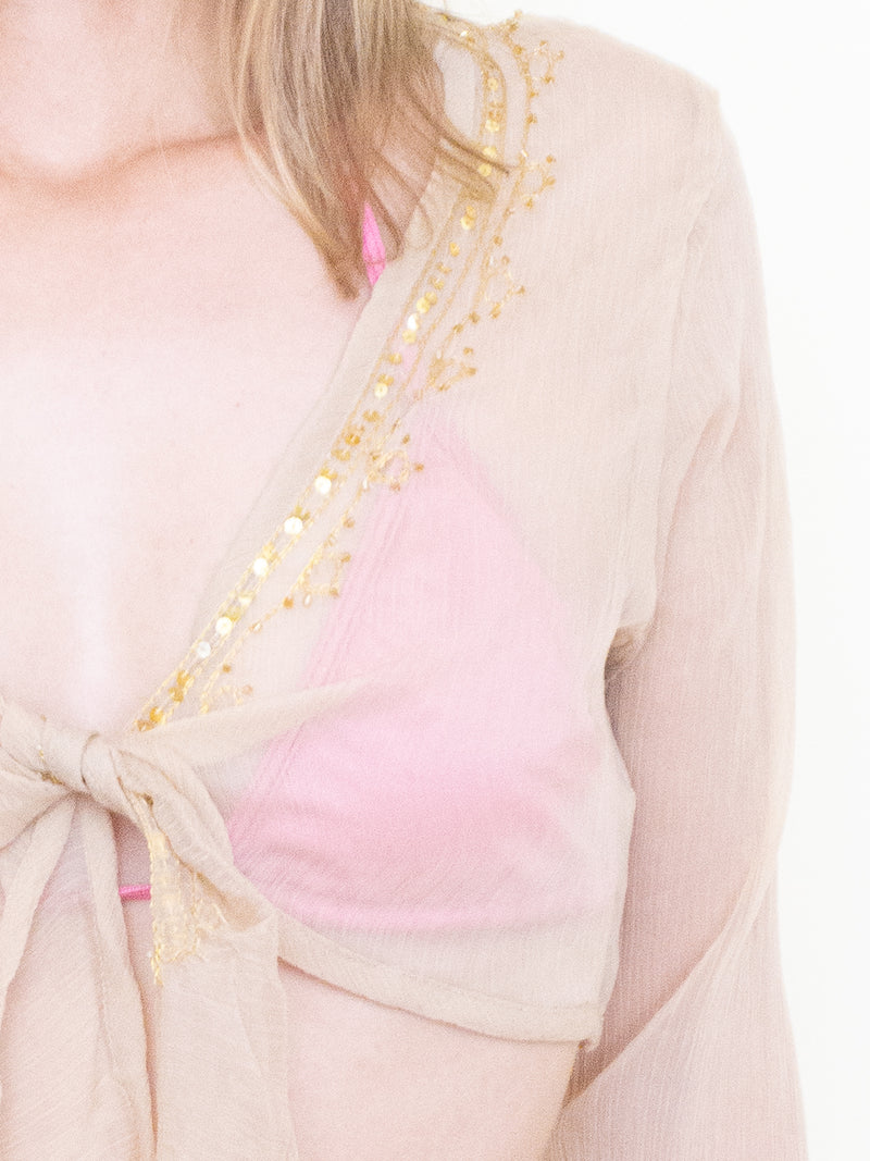 Sequin Silk Tie Waist Blouse Chiffon Taupe Gold Sequin Vintage