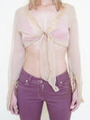 Sequin Silk Tie Waist Blouse Chiffon Taupe Gold Sequin Vintage