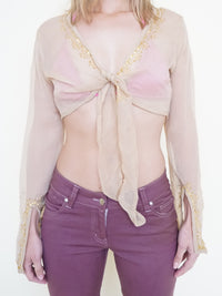 Sequin Silk Tie Waist Blouse Chiffon Taupe Gold Sequin Vintage