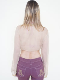 Sequin Silk Tie Waist Blouse Chiffon Taupe Gold Sequin Vintage