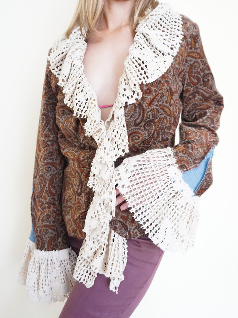 Velvet Ruffle Jacket Boho Paisley Vintage Upcycle