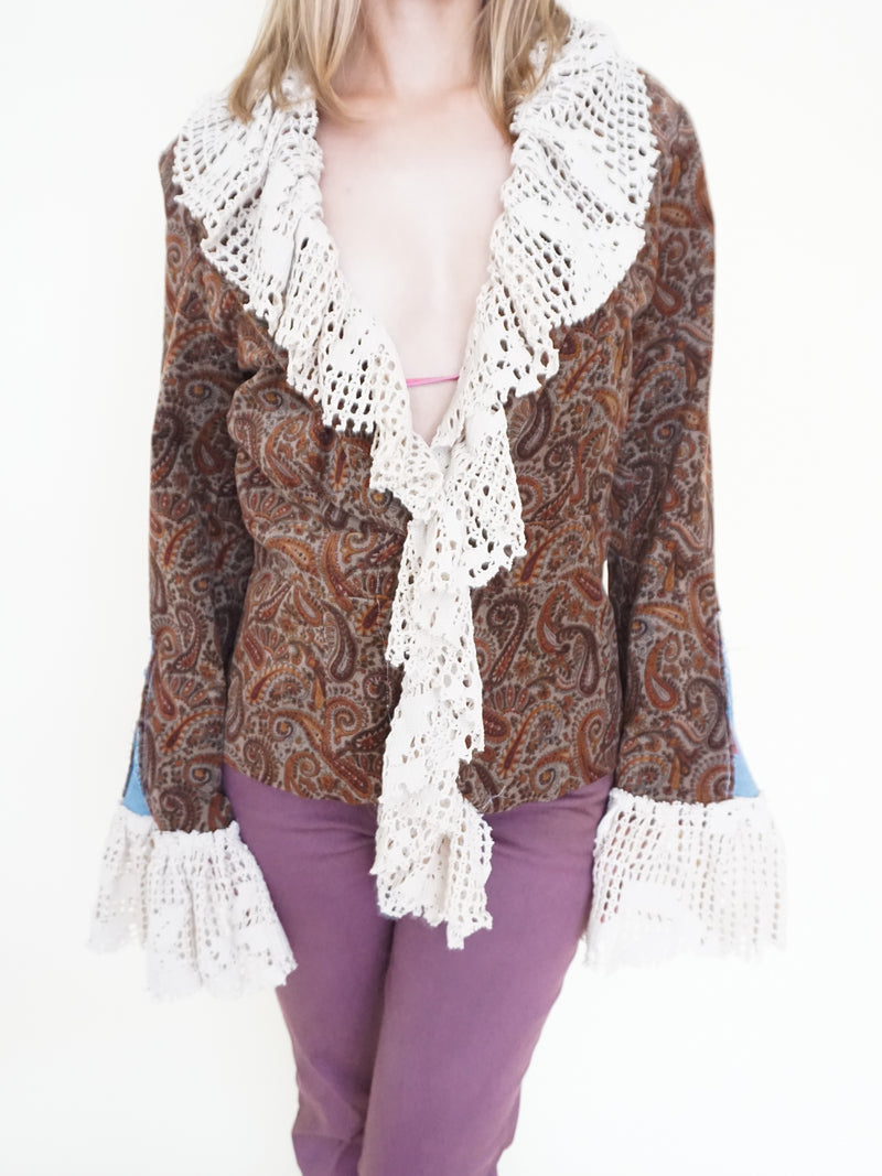Velvet Ruffle Jacket Boho Paisley Vintage Upcycle