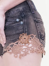 Crochet Boho Micro Denim Shorts Vintage Upcycle  Low Rise Shorts