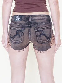 Crochet Boho Micro Denim Shorts Vintage Upcycle  Low Rise Shorts
