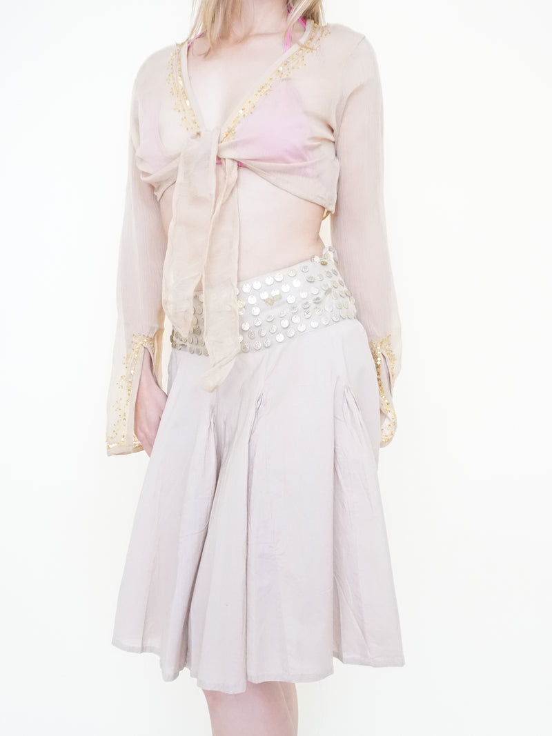 Gold Sequin Boho Skirt Pleated Midi Summer Cotton Skirt