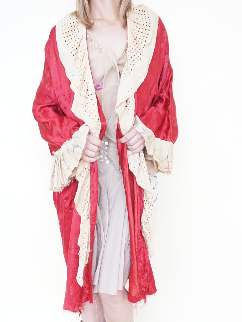 Floral Patchwork Duster Jacket Ruffle Silk Linen Belted Embroidered Silk