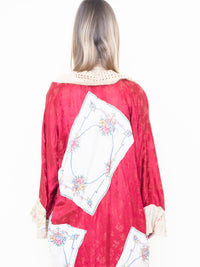 Floral Patchwork Duster Jacket Ruffle Silk Linen Belted Embroidered Silk