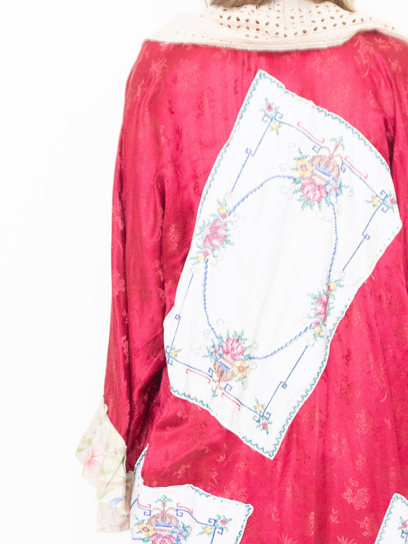 Floral Patchwork Duster Jacket Ruffle Silk Linen Belted Embroidered Silk
