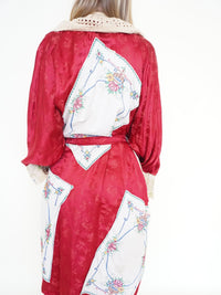 Floral Patchwork Duster Jacket Ruffle Silk Linen Belted Embroidered Silk