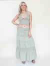 Boho Halter Set Maxi Skirt Sage Green Cotton Embroidered Summer Skirt Set