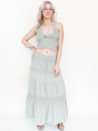 Boho Halter Set Maxi Skirt Sage Green Cotton Embroidered Summer Skirt Set