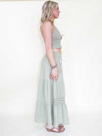 Boho Halter Set Maxi Skirt Sage Green Cotton Embroidered Summer Skirt Set