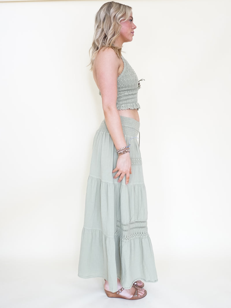 Boho Halter Set Maxi Skirt Sage Green Cotton Embroidered Summer Skirt Set