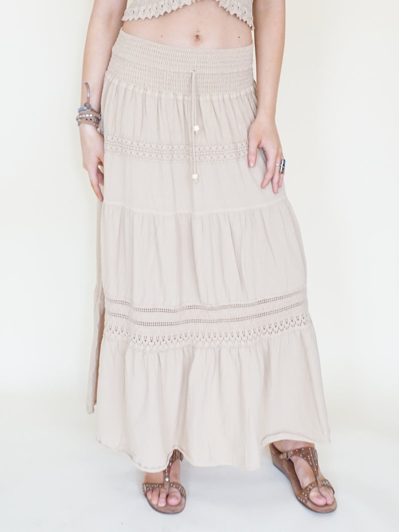 Boho Halter Set Two Piece Embroidered Skirt Taupe Cotton Summer Skirt Set