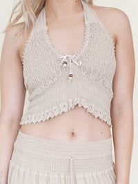 Boho Halter Top Lace Up V Neckline Cotton Backless Crop Top