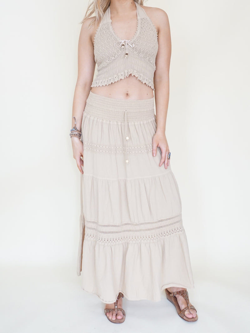 Boho Halter Set Two Piece Embroidered Skirt Taupe Cotton Summer Skirt Set
